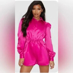 NWT prettylittlething fuschia bonded satin shirt day 2 nite trendy playsuit 8